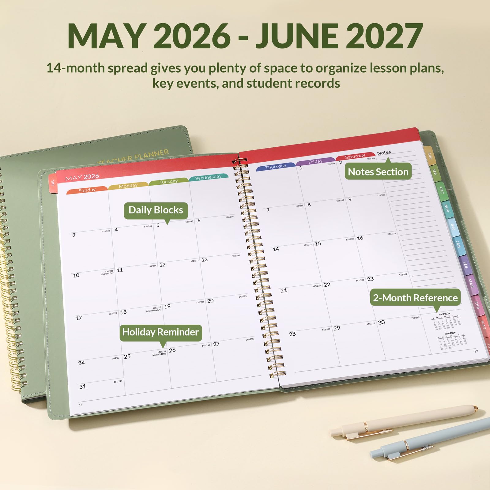 SUNEE - Agenda per insegnanti 2024-2025, agenda giornaliera, settimanale e mensile, da luglio 2024 a giugno 2025, con copertina in pelle vegana, cartellina tascabile, linguette colorate, verde
