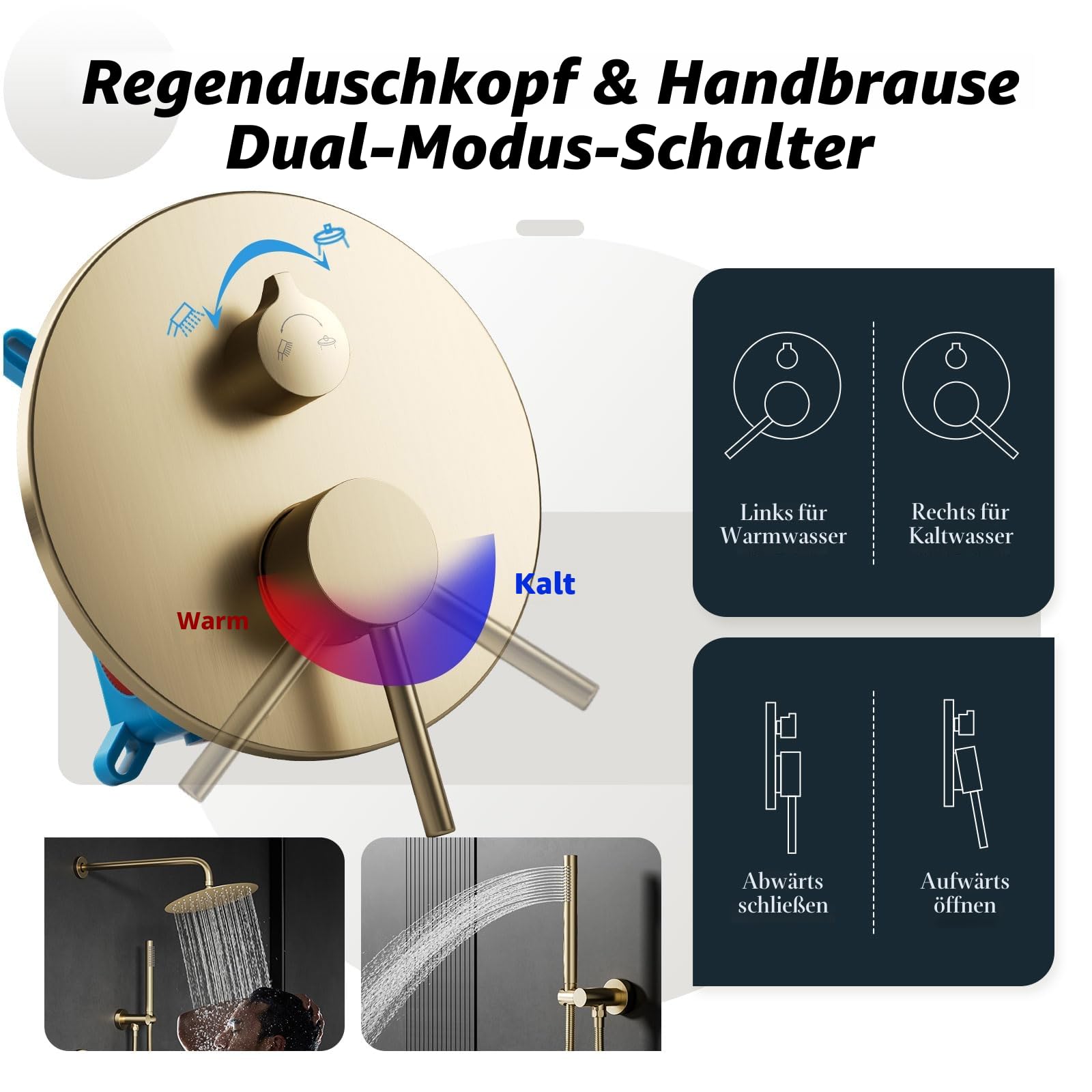 Unterputz Duscharmatur Set Gold Gebürstet 2 Funktionen | Rostfrei Metallarmaturen, Einstellbare Warm und Kaltwassermenge, 25X25cm Runder Regenduschkopf, Facile da Mantenere
