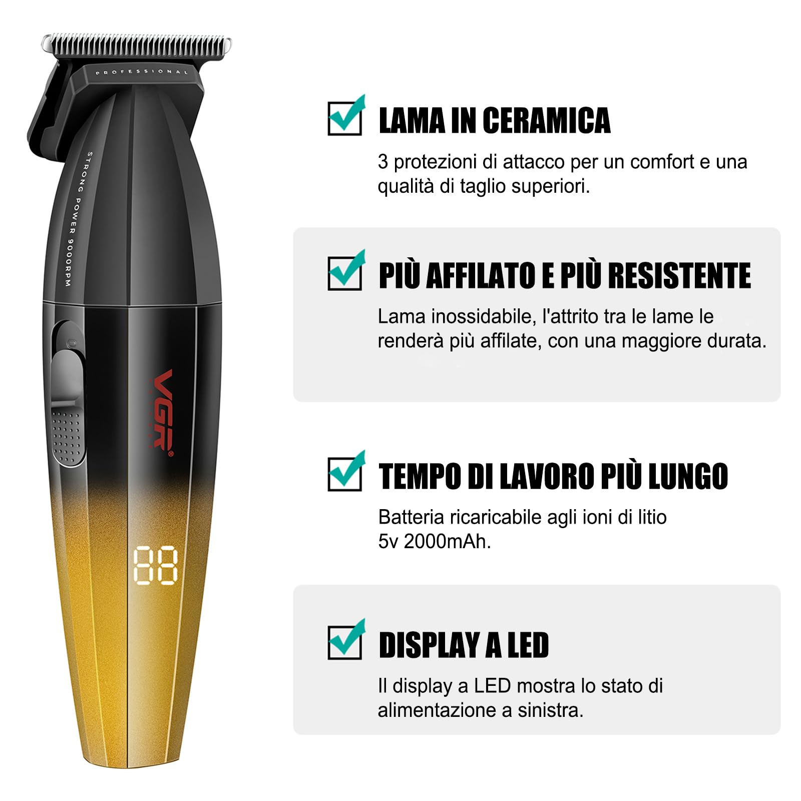 VGR 906 Fresh Fade - Regolabarba professionale da uomo, 9000 giri/min, senza fili, con lama a T DLC, per barbieri e ricaricabile tramite USB