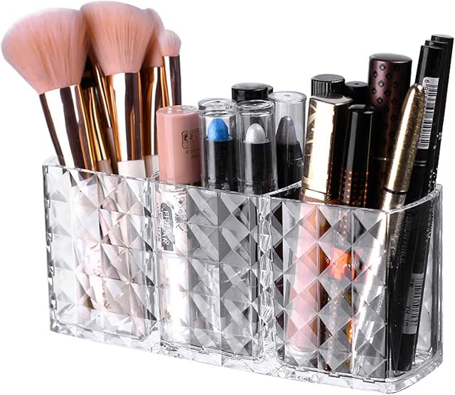 Arqumi Makeup Brush Holder, 3 Slot Clear Acrylic Makeup Brush Organiser Cosmetic Display Holder for Makeup Brush, Lipstick, Lip Gloss, Eyeliner Desk Storage Box