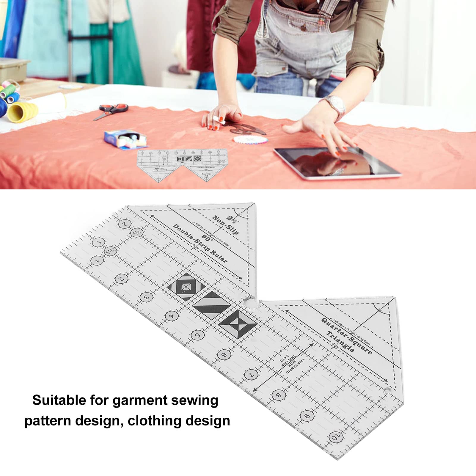 90 Degree Ruler, 10inch Double Strip Ruler with Grids Design Clear Acrylic Double Strip Quilting 90 Degree Sewing Rule
