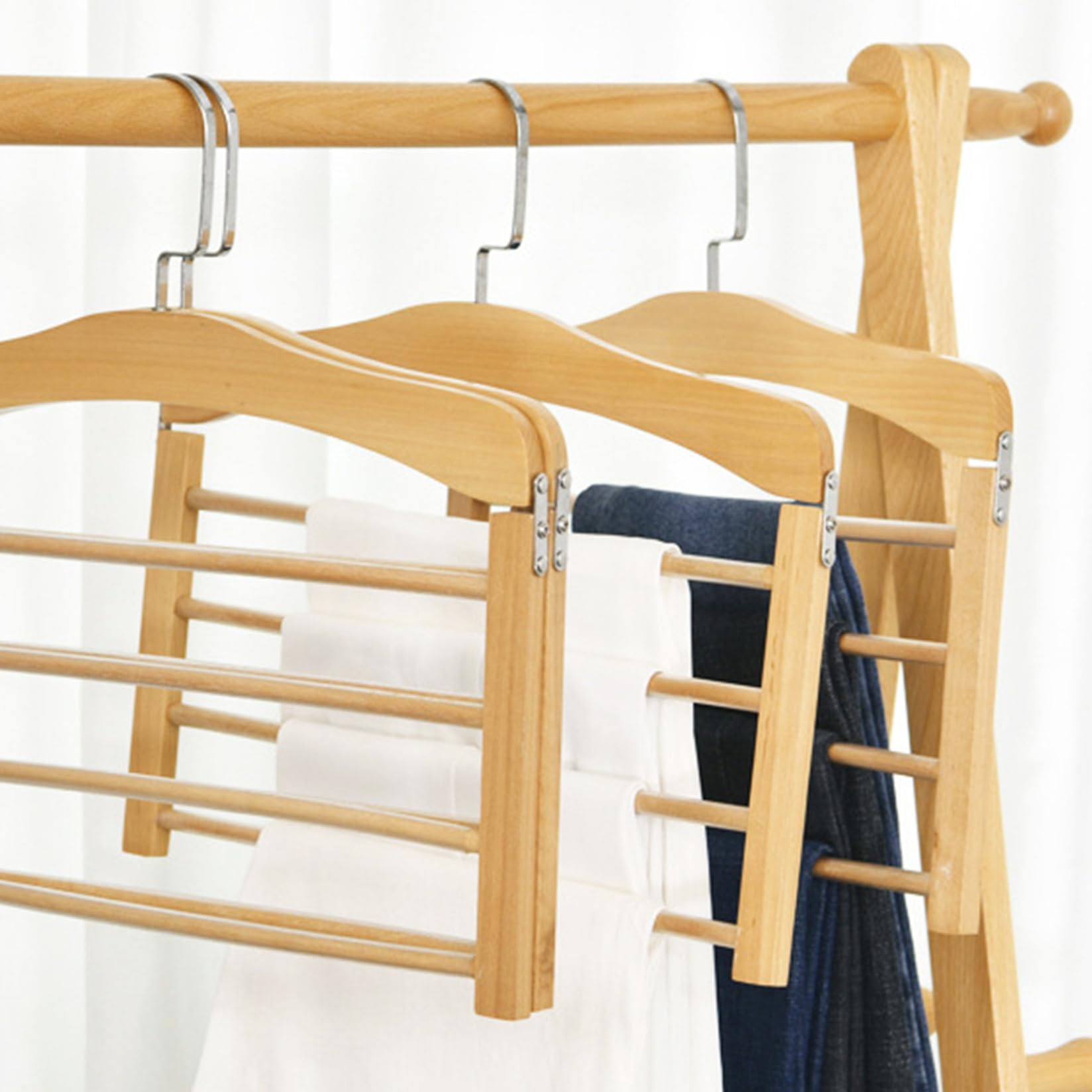 3 perchas de madera para pantalones con 4 niveles y ganchos giratorios, antideslizante, ahorra espacio, para pantalones, pantalones y bufandas, alta capacidad de carga