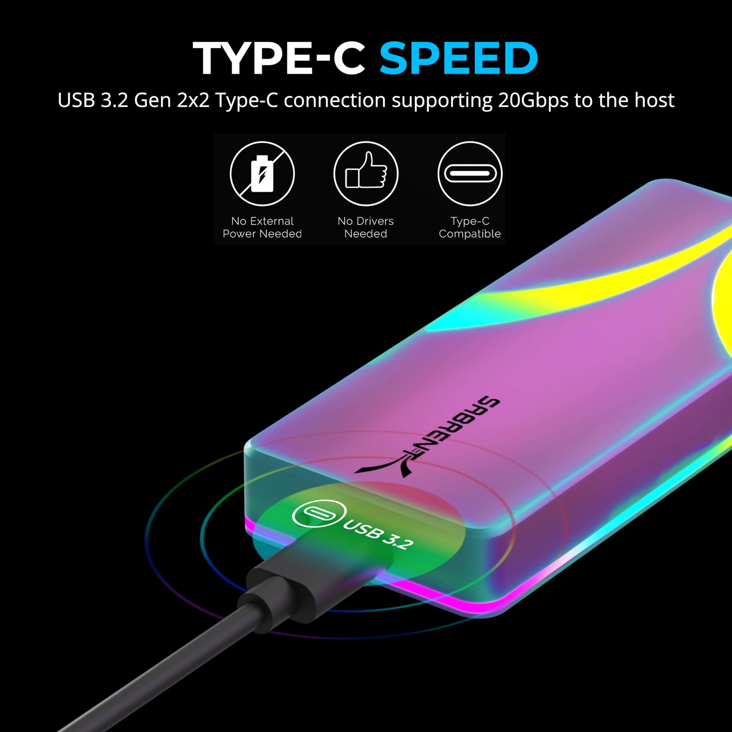 SABRENT Rocket RGB USB C 20Gbps M.2 SATA/NVMe (EC-RGBG) SSD behuizing