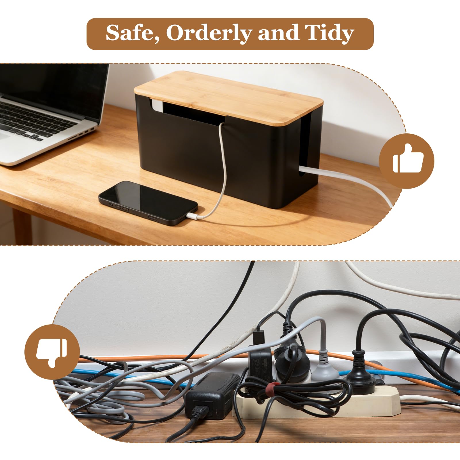 AiQInu Set da 2 Scatola Porta Cavi Nera, Scatola Nascondi Cavi con Coperchio in Legno, Copri Ciabatta Elettrica, Cable Box per Fili Elettrici​ di Prolunga, Prese Multiple e TV