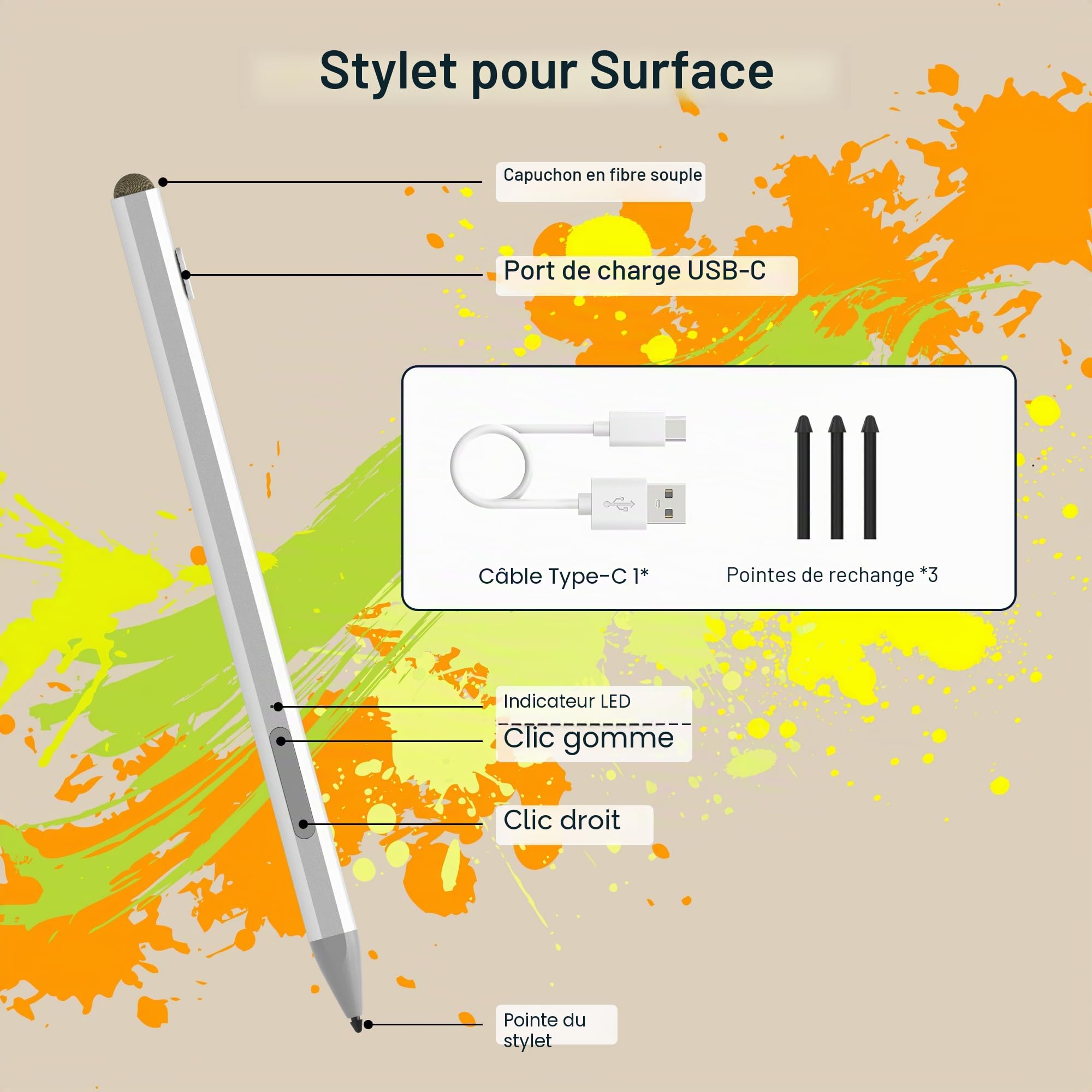 Stylet Surface Pen pour Microsoft Surface Pro 11/9/8/7/6/5/4/3, Surface Go 3/2/1 Surface Laptop/Studio/Book 4/3/2/1 avec 4096 Touches d'impression, Palm Rejection, Microsoft Surface Go Accessoires