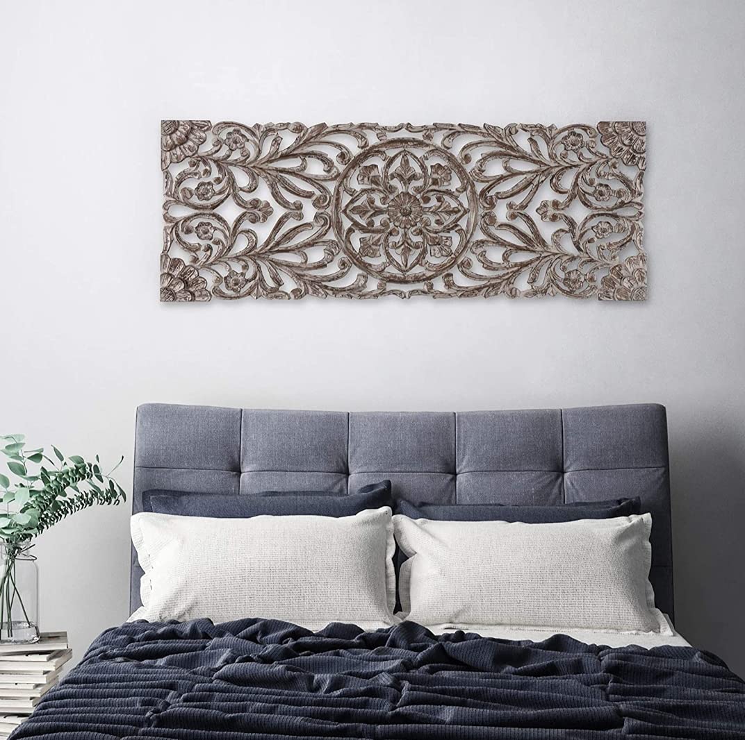 Royal Traders Wall Medallion Art - Hand-Carved MDF Accent Contemporary Artwork - Rustic Shabby Chic Panel for Living Room, Bedroom - 36" x 15" - Antique, White