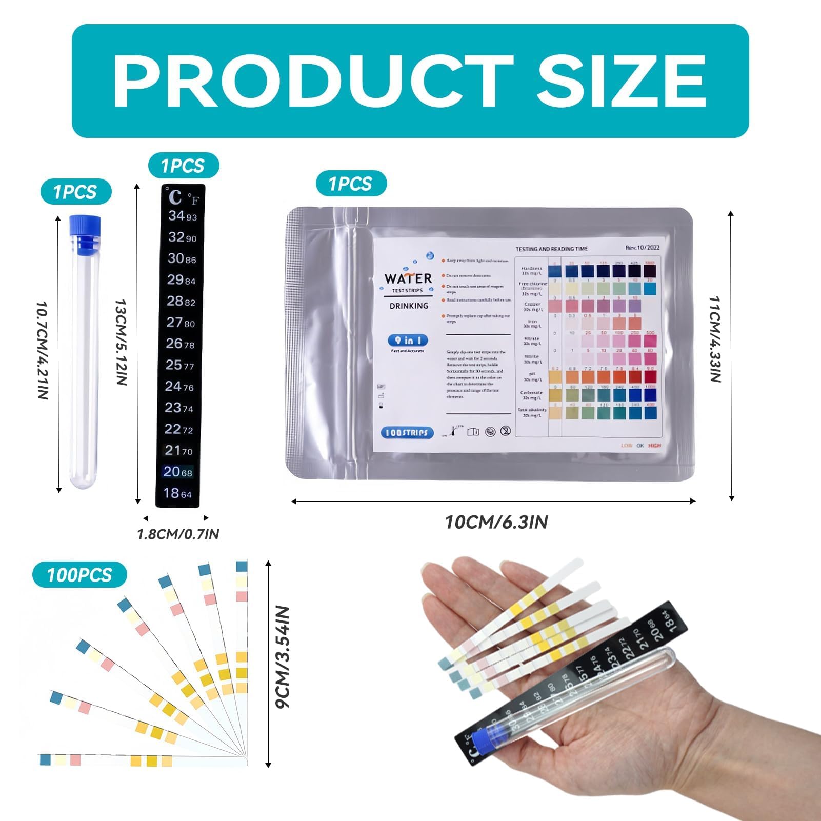 Lot de 100 Bandelettes Test Eau Aquarium 9 en 1, Kit Test Aquarium Eau Douce et Eau Salée, Test Nitrite Nitrate pH GH KH Chlore Cuivre Fer avec Tube et Thermomètre