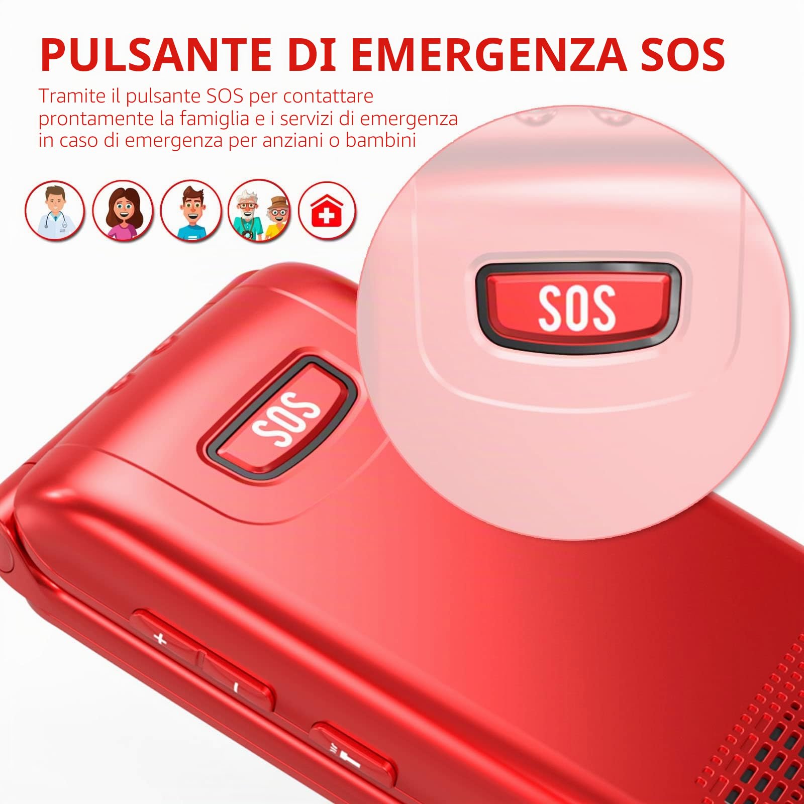 CHAKEYAKE Telefono per anziani senza contratto, cellulare pieghevole con tasti grandi, doppio display 2,4 pollici, pulsante SOS, torcia