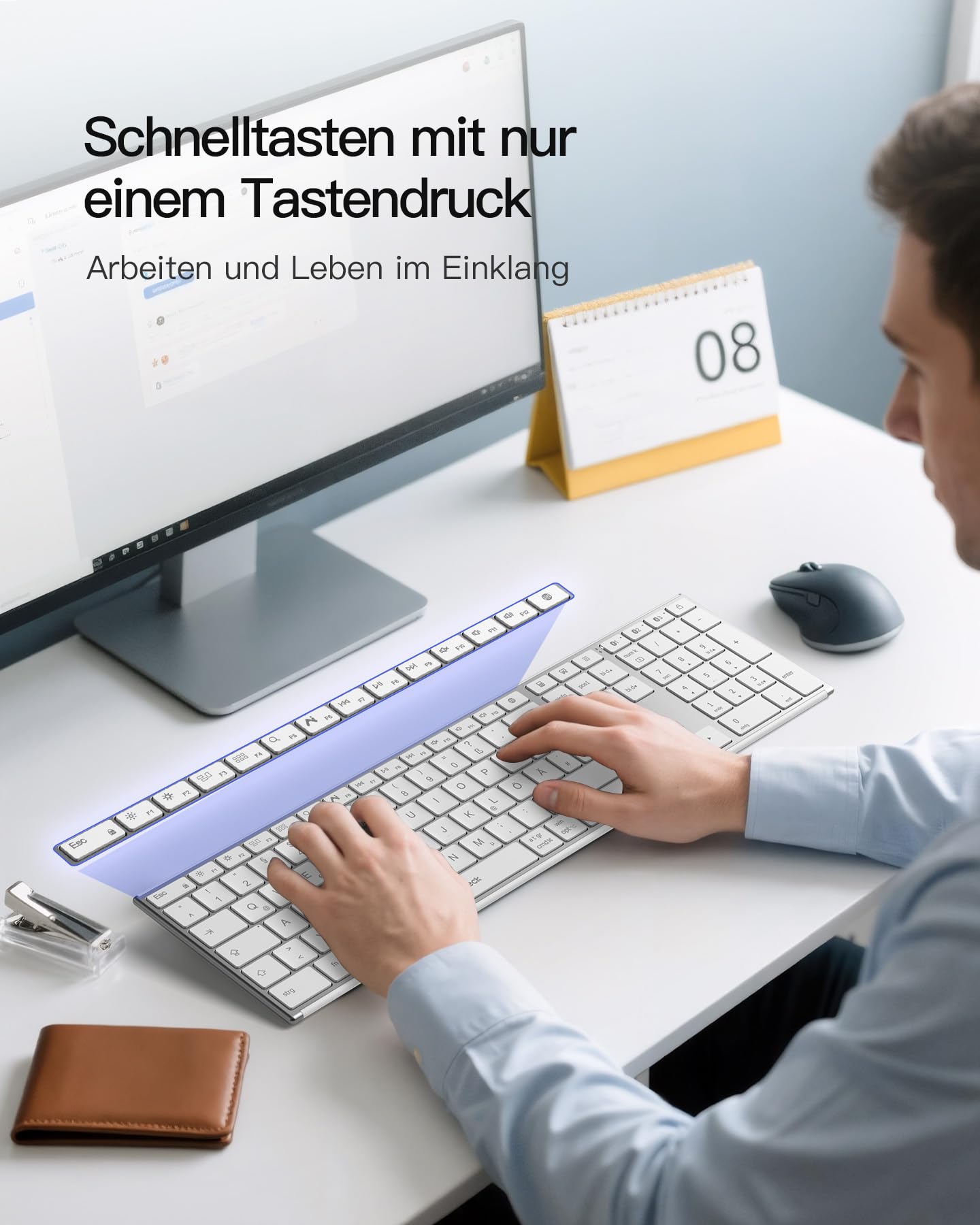 Inateck Kabellose Tastatur,KI-Funktion Bluetooth Tastatur mit 3 Bluetooth Kanälen,Deutsches QWERTZ Layout,Leise Tasten, Kompatibel mit iPadOS Android, Windows,KB06007