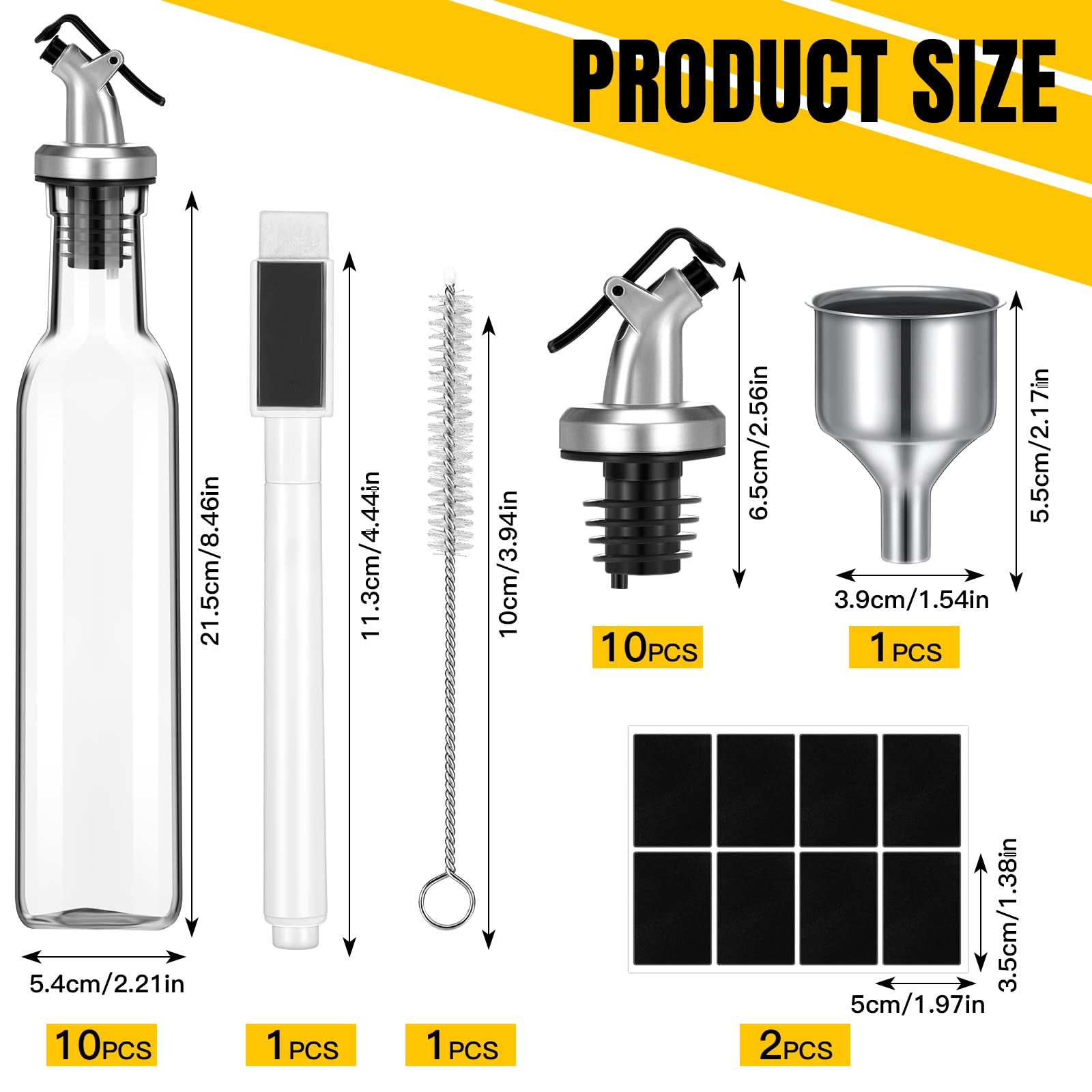 Uiifan Olivenöl-Flaschenspender-Set, Öl- und Essigspender, Glasbehälter mit 10 Ausgießern, 1 weißen Markern, 1 Metalltrichter, 1 Bürste und 16 leeren Etiketten für Küche, Kochen, 10 Stück