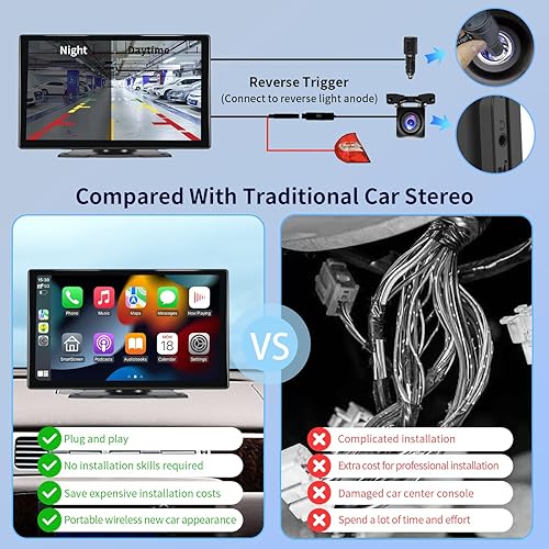 Miniatura 5 de Ellinic Estéreo portátil de 9 pulgadas con Apple Carplay inalámbrico y Android Auto, cámara de respaldo HD 1080P, tarjeta BluetoothSiriFMTF, soporte