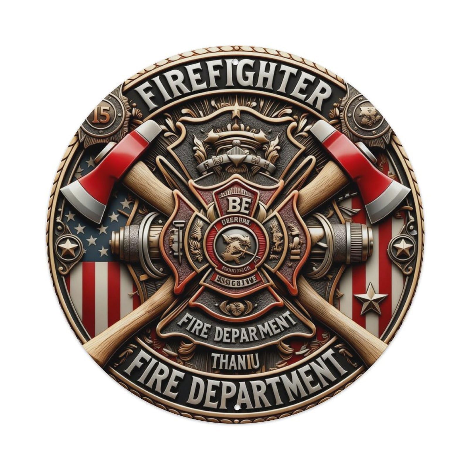 Zlatcbu Vintage Firefighter Emblem With Axes And Flag Metal Tin Sign Retro Wall Art Poster, Decor For Home Living Room Bar Cafe Garage, 8X8 Inch