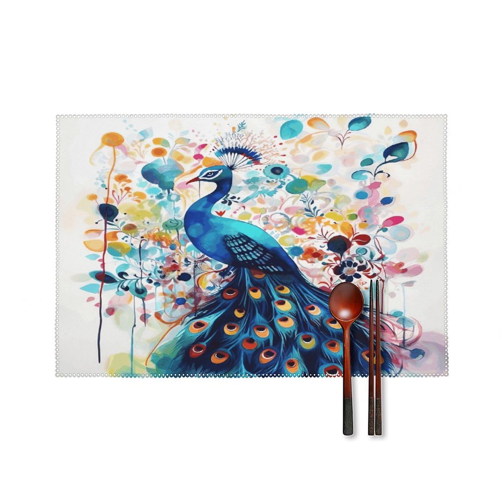 Color Peacock Placemats Set of 4 Canvas Washable Cloth Place Mats Wipeable Heat Resistant Table Mats Elegant Cloth Placemat for Kitchen Dinning Party Table Decor 12" X 18"