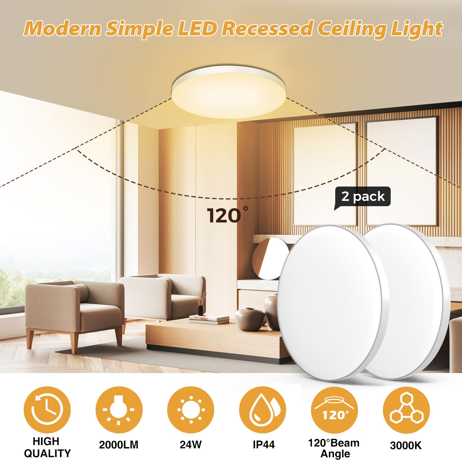 Plafoniera LED Soffitto 24W [2 Pezzi], Lampada da Soffitto 3000K 2000LM Plafoniera Bagno IP44 Impermeabile Ø28CM Rotonda Lampadario LED Moderna Luce Soffitto per Cameretta/Cucina/Soggiorno/Corridoio