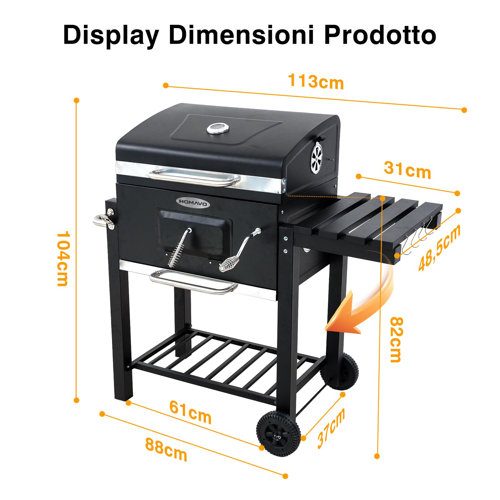 Barbecue a Carbonella, Barbecue con Coperchio, Griglia Piegevole, Superficie di Cottura 56×42,5 cm, Braciere Regolabile in Altezza, Tavolino Laterale Piegevole e Copertura Protettiva Inclusa