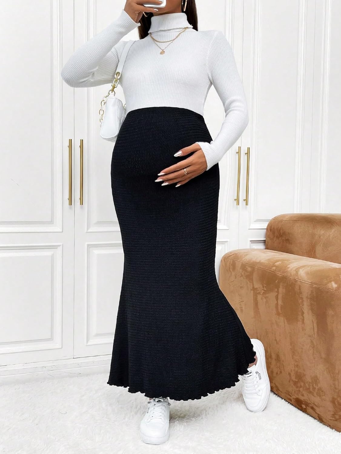 OYOANGLE Women's Maternity Textured Adjustable High Waisted Long Skirts Bodycon Fishtail Skirt - Image 3