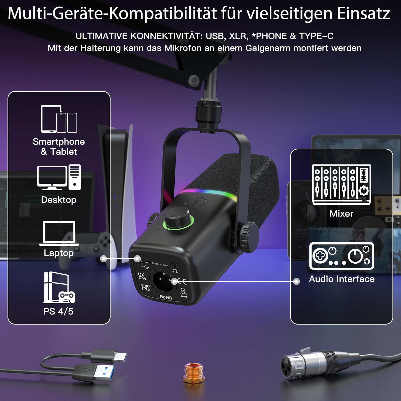 Haomuren Dynamisches Mikrofon XLR/USB für Gaming-Podcast, für *Phone,Telefon,PC,Gaming-Streaming-Mikrofon mit RGB-Licht, Stummschalttaste, Mikrofonverstärkung, Desktop-Ständer, Singen, YouTube