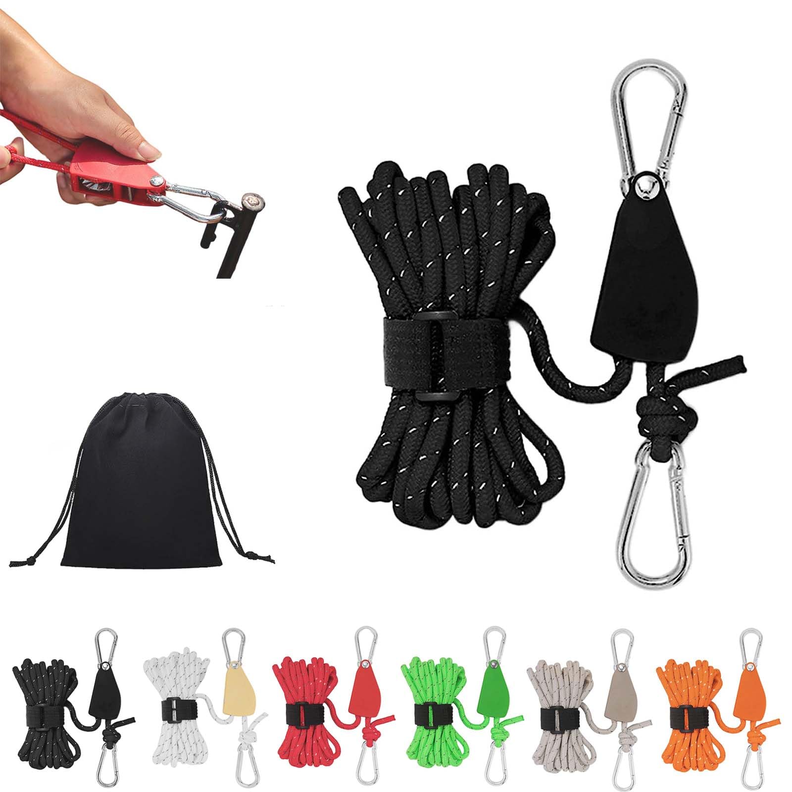Gienslru Black Portable Adjustable Fix Camping Rope, Camping Rope With Ratchet Pulley, Portable Adjustable Fix Tent High Strength Fast Release Pulley Camping Rope For Tent Tarp, Canopy Shelter (16.4Ft/5M, )