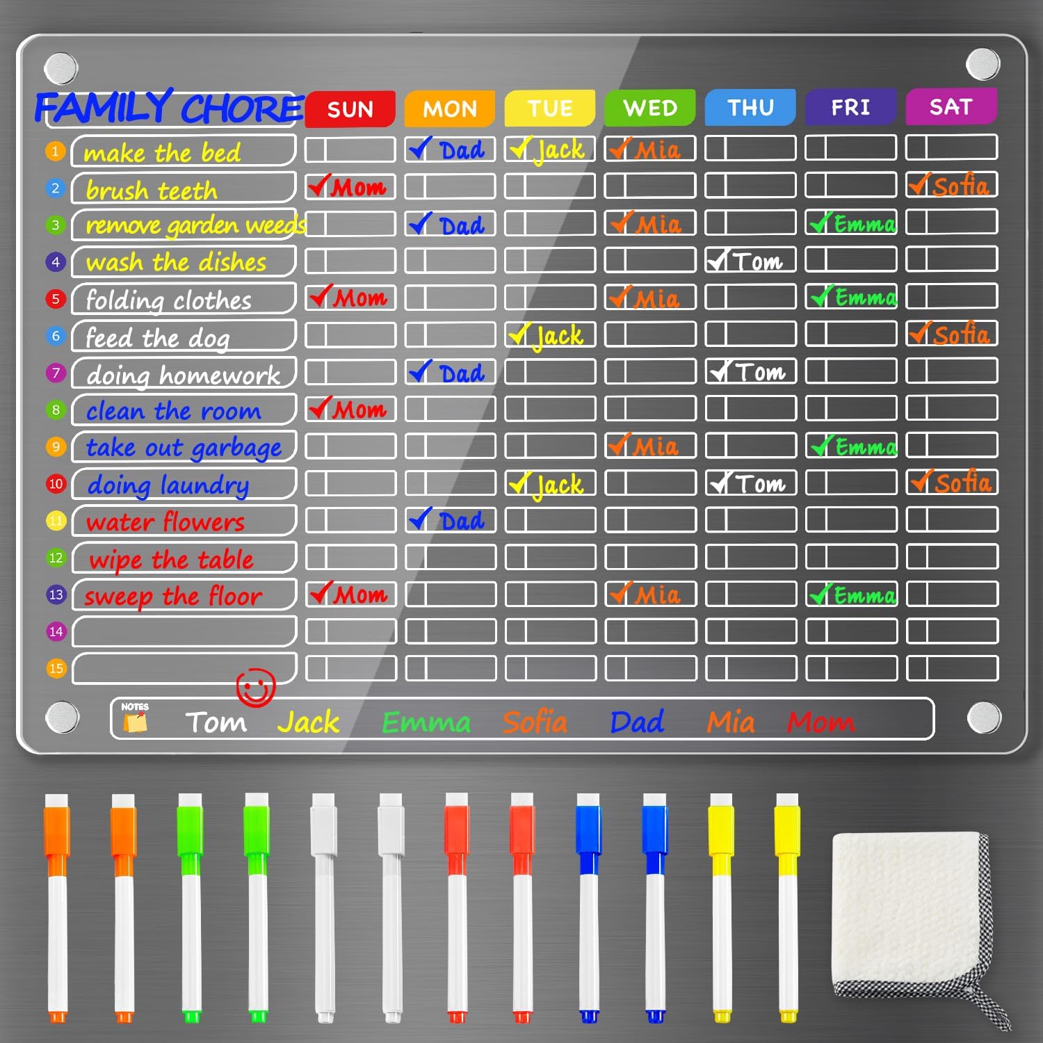 PigPotParty Acrylic Magnetic Chore Chart for Family & Multiple Kids – 16"x12" Large Dry Erase Chore Board for Fridge, Daily & Weekly Responsibility