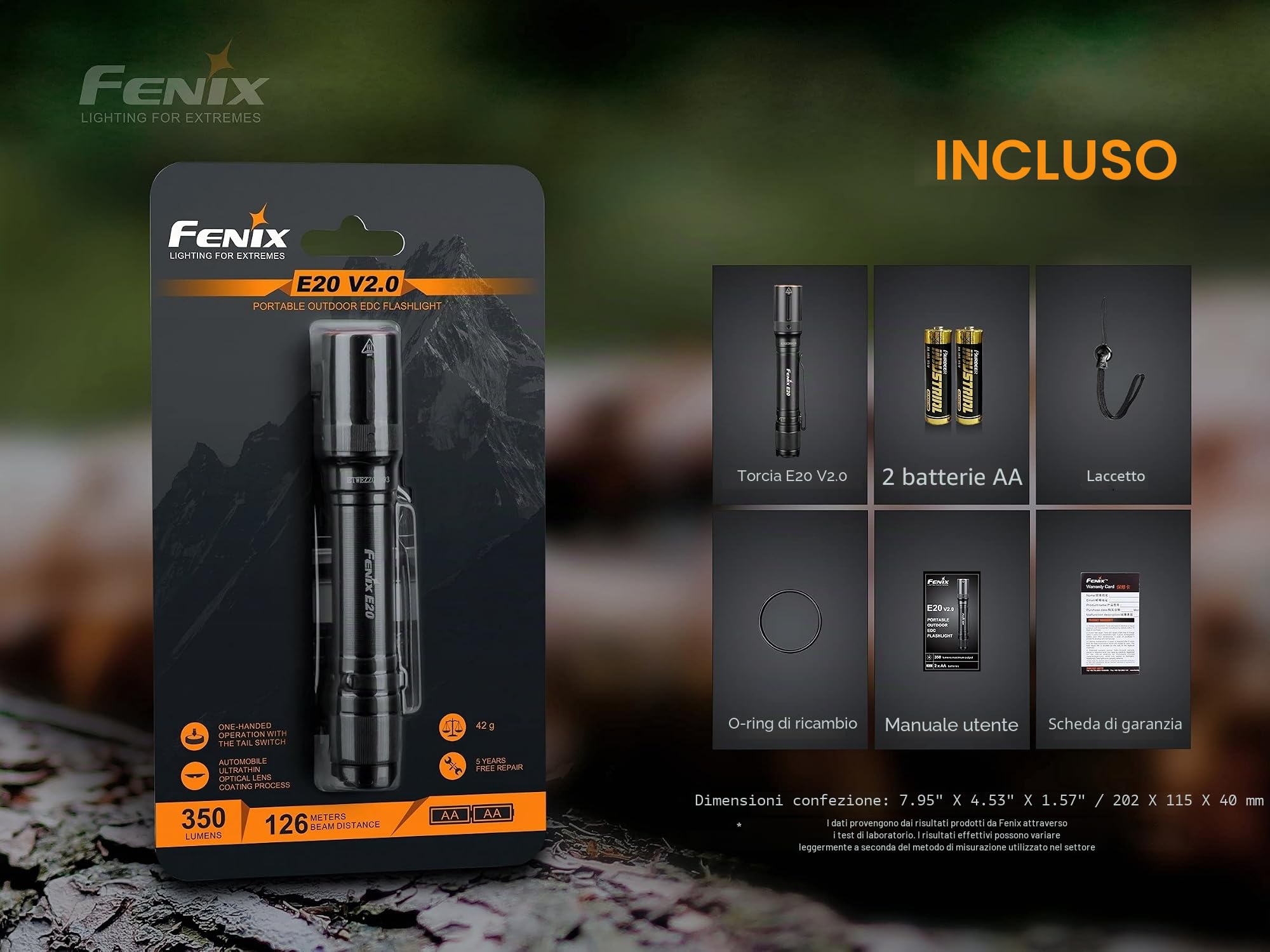 Fenix- Torcia LED E20 V2.0 da 350 lumen con batterie AA