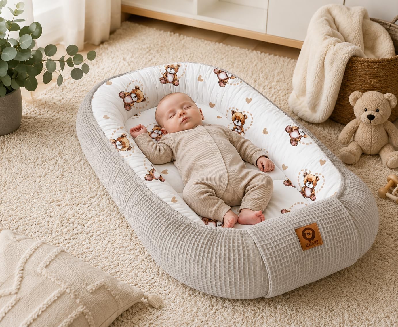 Babynestchen Neugeborene – Nestchen Baby aus Waffel Baumwolle & Baumwollstoff – Babynest für Babybett & Kinderbett – Baby Kokon Tragbar – OEKO-TEX zertifiziert – Zubehör für Babybett - Bärchen + Sand