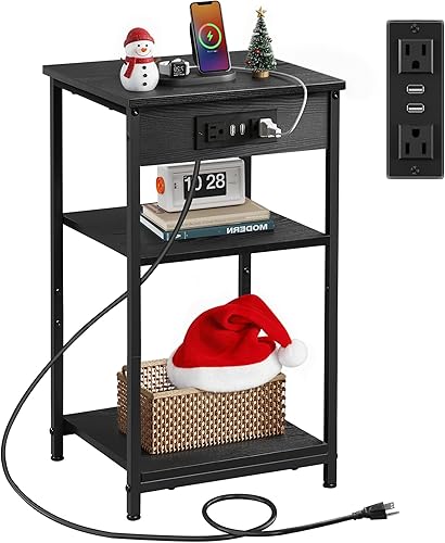 WLIVE Mesa auxiliar negra con estación de carga, mesita de noche delgada con 3 estantes de almacenamiento, mesas auxiliares pequeñas para espacios