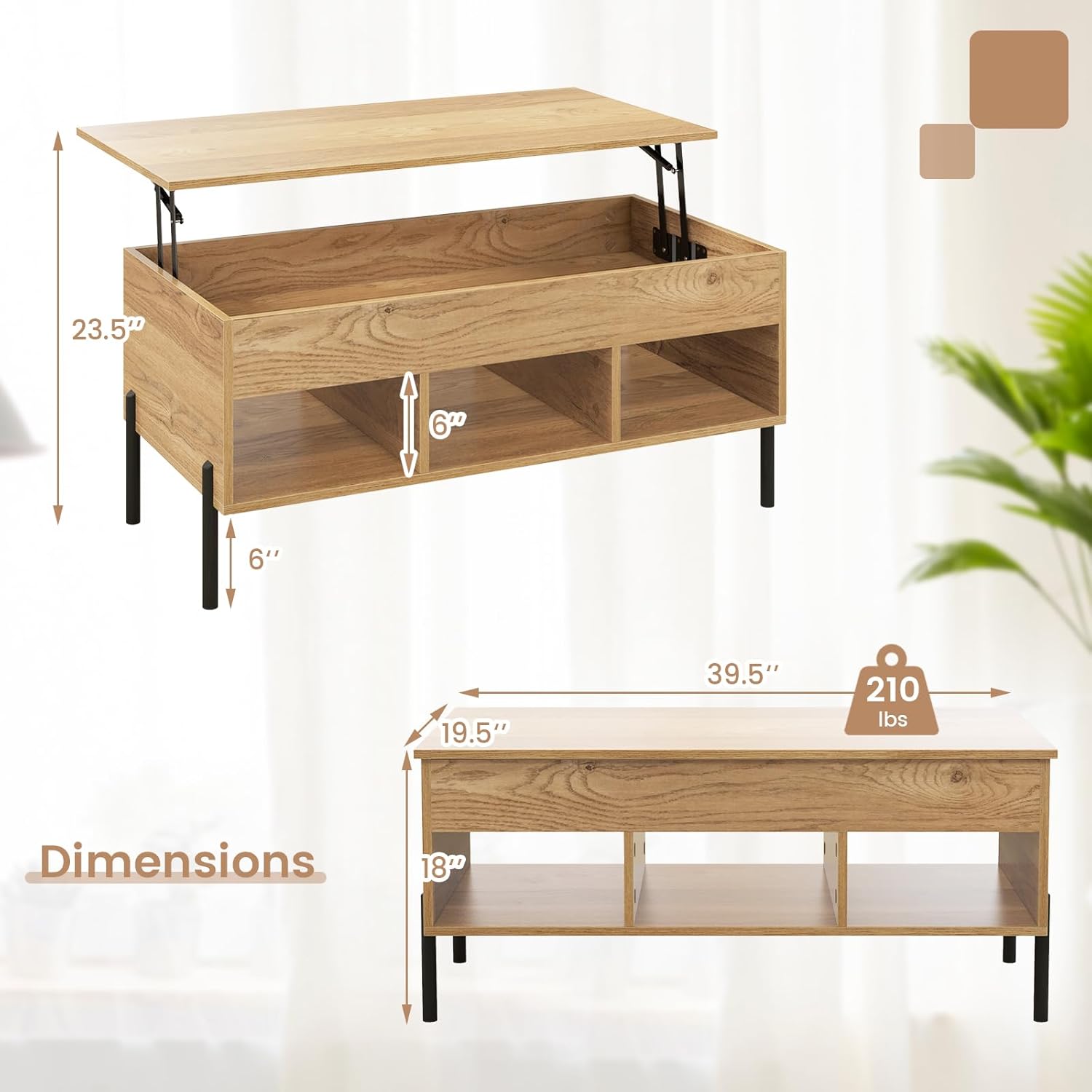 Giantex Lift Top Coffee Table - Rectangular Wooden Table w/Hidden Compartment & Open Storage Shelves, Multifunctional Modern Flip Top Center Table for Living Room, Reception Room, Office (Natural)