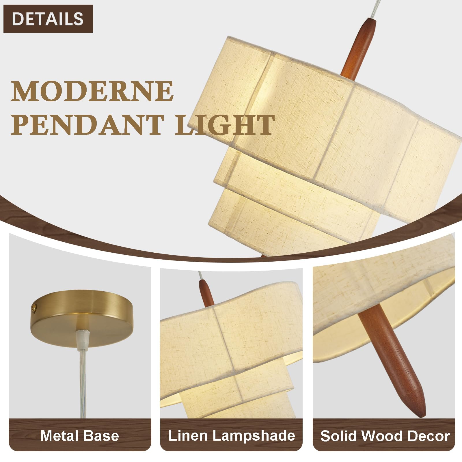 Lampadario Camera Da Letto Lino,40 cm Lampadario Soggiorno A 3 Piani Con Decorazione In Oro, Metallo E Legno Massello,Altezza Regolabile E27 Moderno Lampadari Cucina Per Cameretta Ristorante