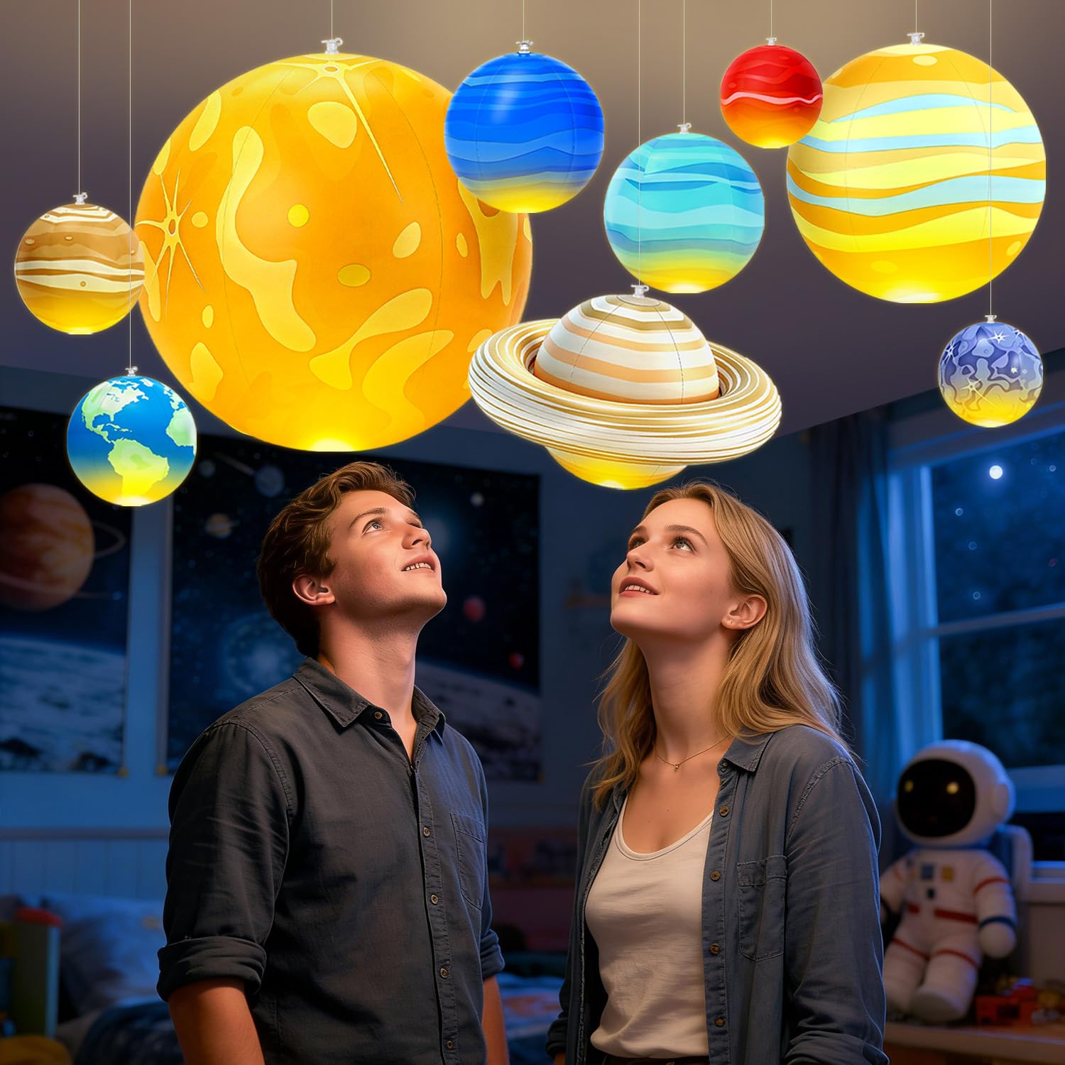 Juguetes científicos de planetas del sistema solar (colorido, con luz, 9 piezas)