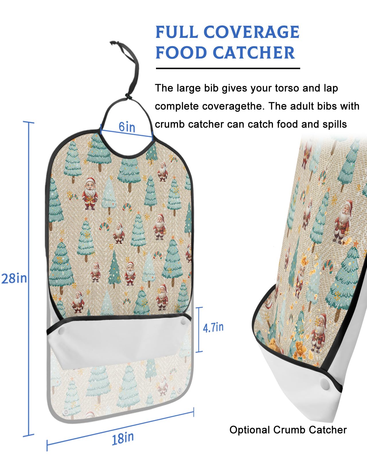 Christmas Adult Bibs for Eating, Waterproof Bibs with Food Catcher & Adjustable Snap Closure, Xmas Tree Santa Winter Snowflake Rustic Washable Clothing Protectors Adult Bibs for Elderly Women/Men