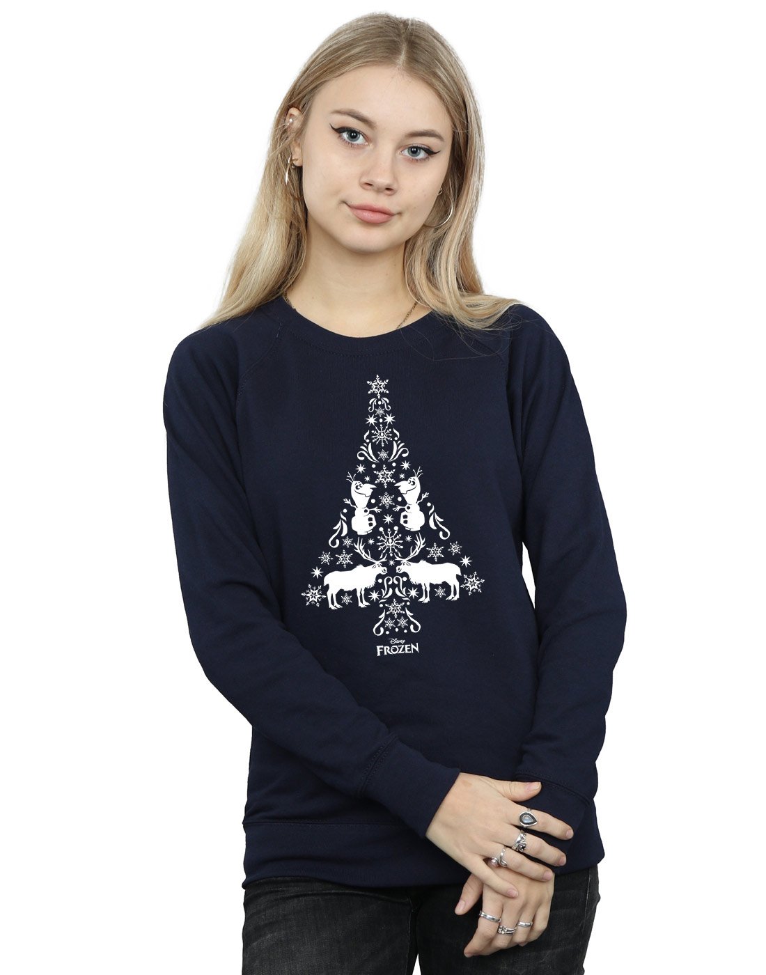 Disney Women's Navy Blue Frozen Christmas Tree Sweatshirt Extra Large