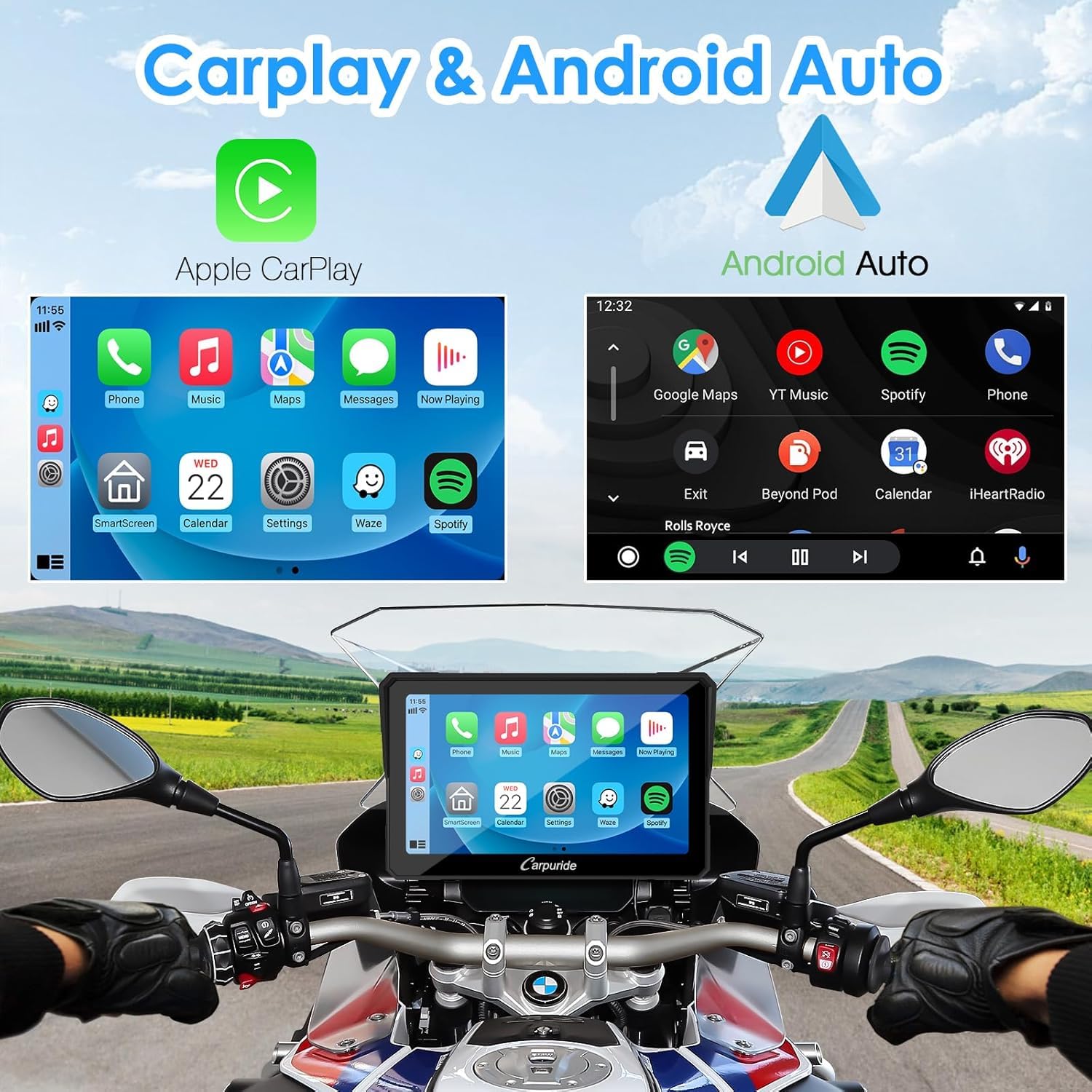 Carpuride W702B Motocyklowy ekran Carplay z niestandardowym mocowaniem do BMW Motorbike, Wireless CarPlay i Android Auto, przenośny 7-calowy wodoodporny ekran dotykowy, podwójny Bluetooth, nawigacja,