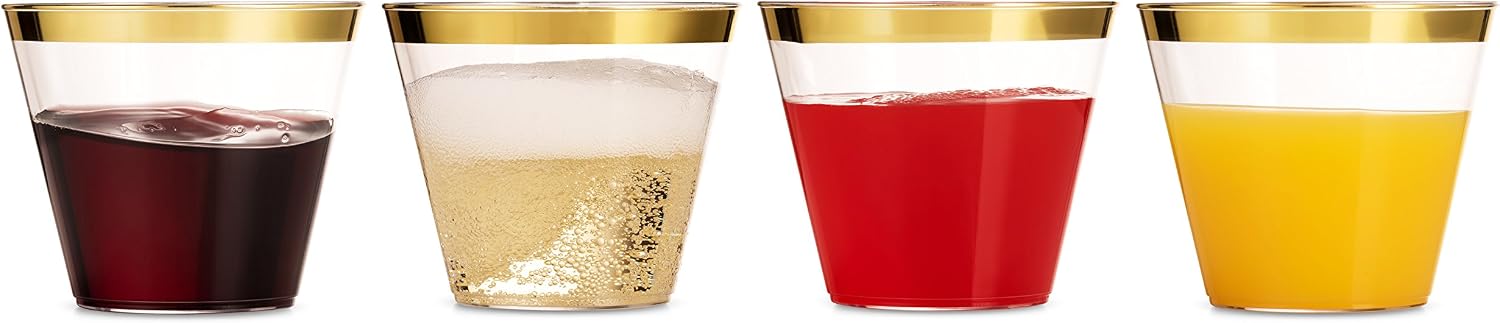 Munfix 100 9 Oz Clear Plastic Cups, Old Fashioned Tumblers, Fancy Disposable Wedding Cups, Elegant Party Cups with Gold Rim
