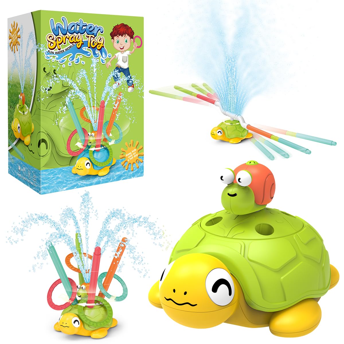 Fullware Water Sprinkler for Kids, Toddler Outdoor Toys, Backyard 3-in-1 Rotating Spray Turtle, Attaches to Garden Hose Splashing Fun Summer Toys for