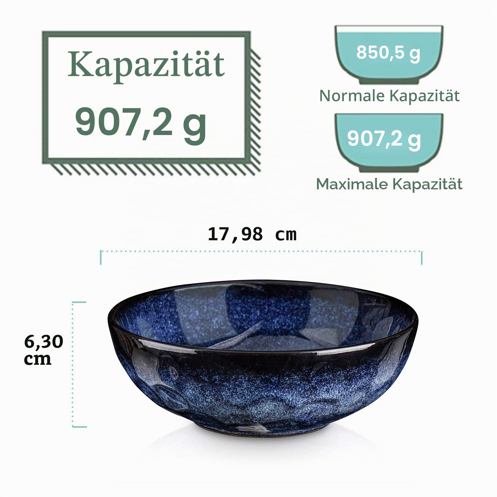 vicrays 6er Set Müslischalen aus Porzellan, Füllmenge 940 ml, Set von Pastatellern und Schüsseln, Salatschüssel Keramik, Suppenschalen,mikrowellen- und spülmaschinenfest (Sternenblau)