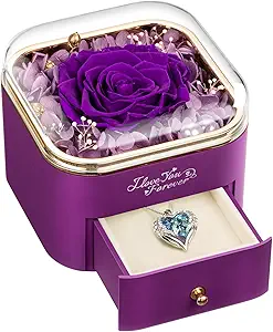 NEWNOVE Preserved Real Purple Rose with Angle Wings Necklace, Forever Flowers Gifts for Mom Grandma Wife Girlfriend, Anniversary or Birthday Gifts for Her Women