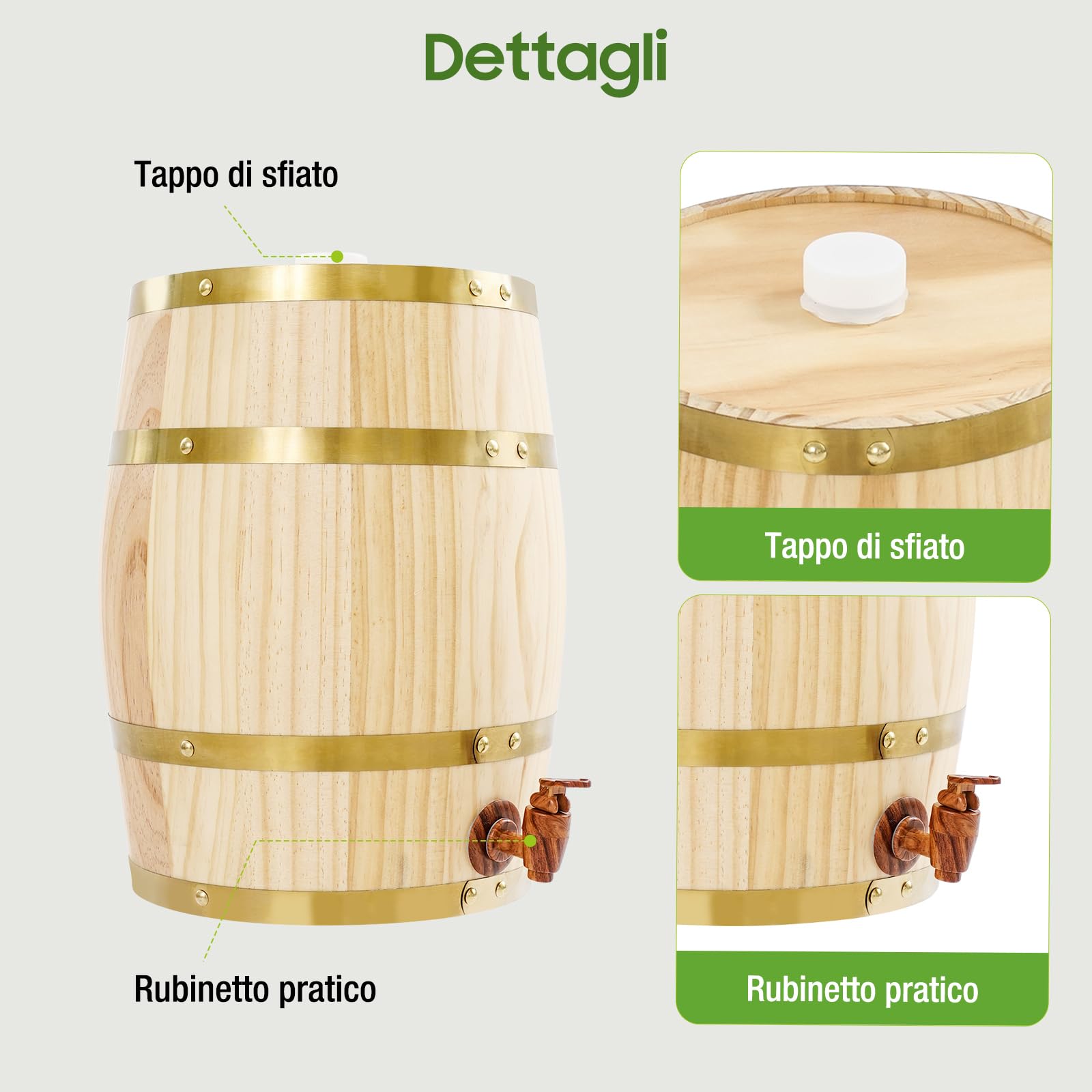 Botte di legno da 10 l con rubinetto, botte da whisky verticale per vino, whisky, rum, barile decorativo per bar