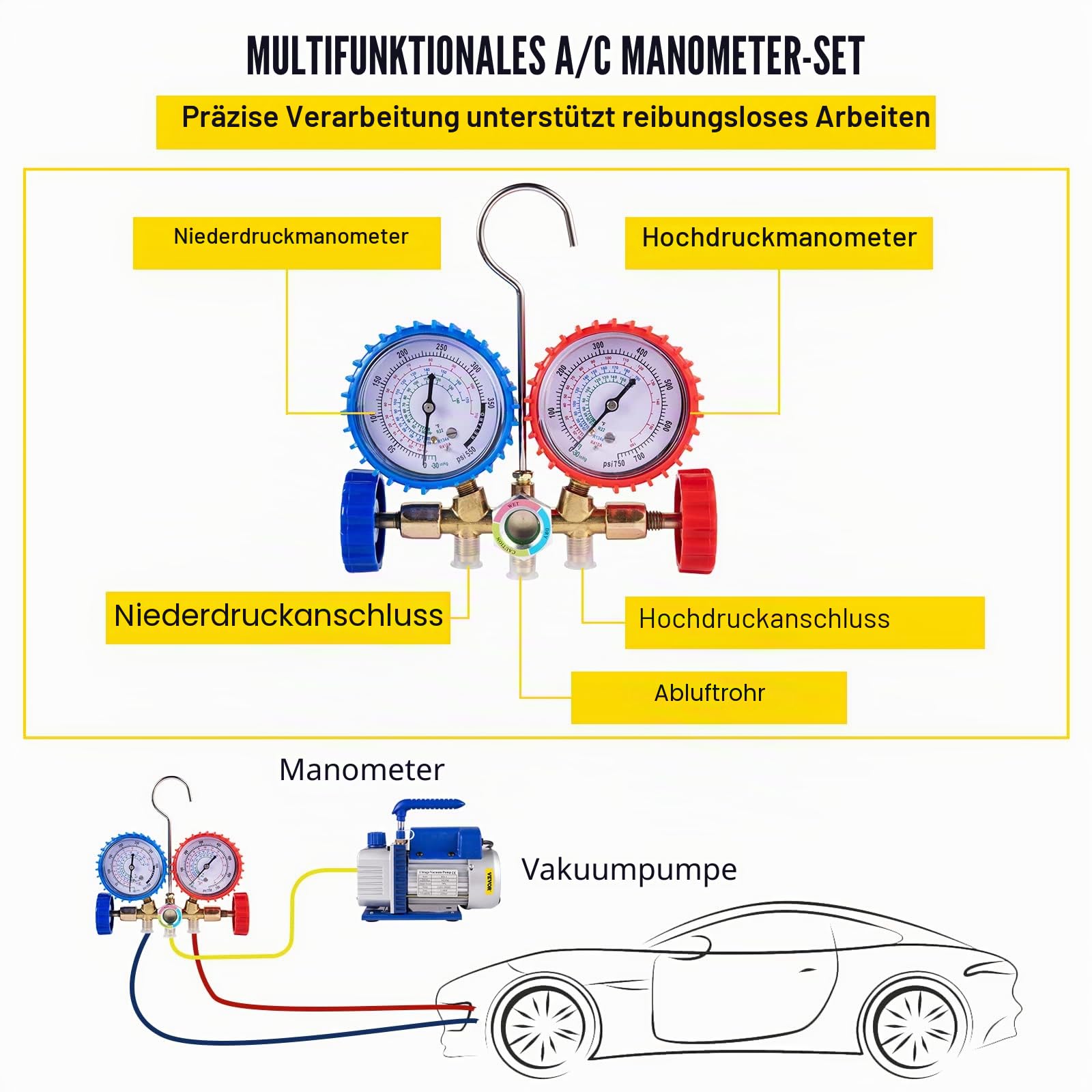 Mophorn Set Vakuumpumpe für Kältemittel, 3 CFM 1/4HP HVAC, Sammler-Messgerät AC/DC in einem kühlen Stock