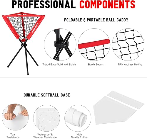 Miniatura 4 de Juego de red de lanzamiento de 9 cuadrados, red de softbol y béisbol con zona de ataque, organizador de bolas, accesorios de base de sóftbol, equipo