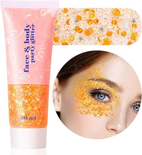 MEICOLY Brillantina naranja para rostro, gel brillante para rostro, lentejuelas de sirena, pintura facial con purpurina para otoño, cabello grueso,