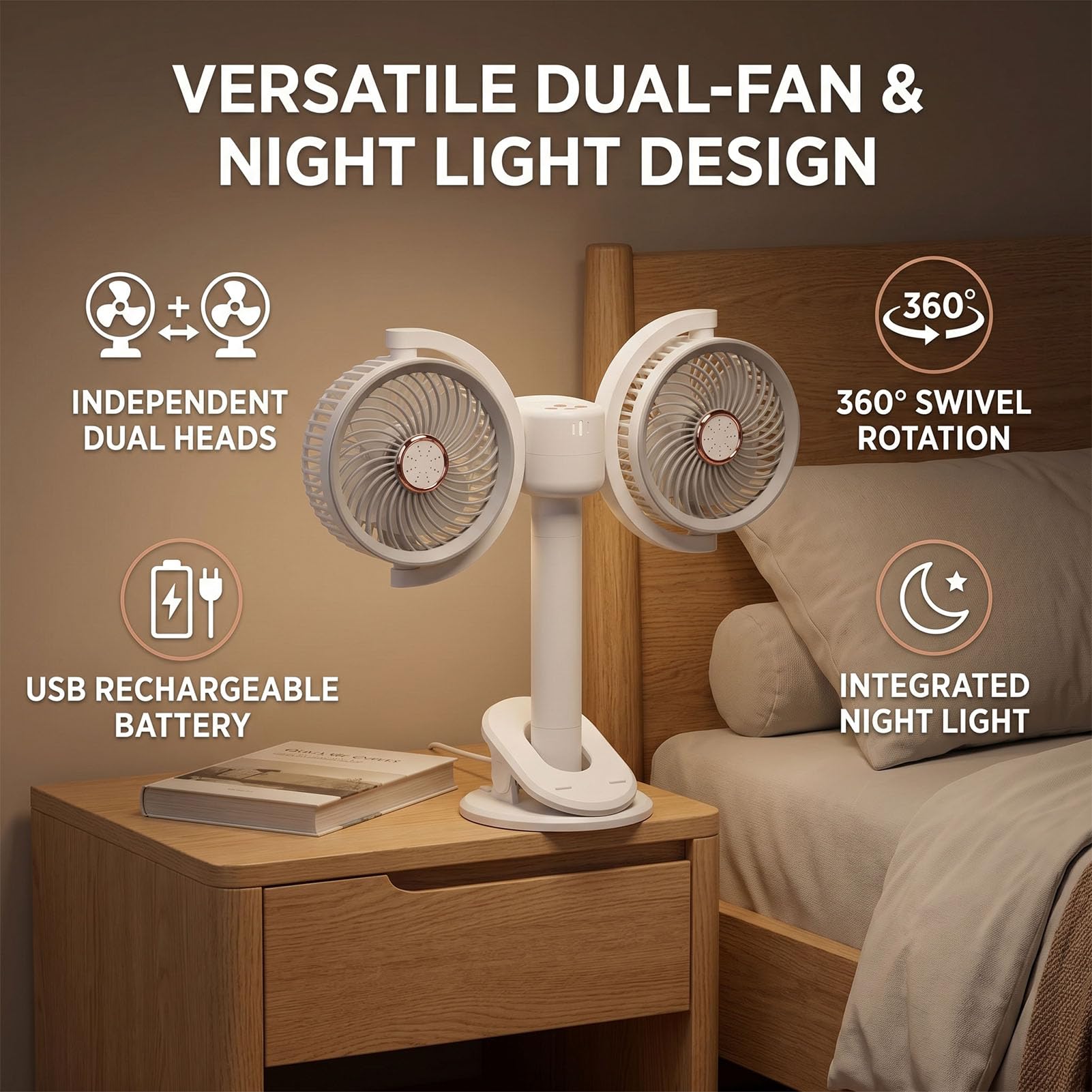 Ventilatore da Tavolo Compatto a Doppia Testa, Rotazione di 360 Gradi, Clip Ricaricabile Silenziosa a 4 velocità, Ventilatore da Tavolo Portatile con Luce Notturna e Morsetto per Camera da