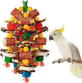YIXUND brinquedos para pássaros, brinquedos para papagaios para pássaros grandes, espiga de milho natural e fatias de bucha, brinquedos para mastigar pássaros para papagaios cinzentos africa