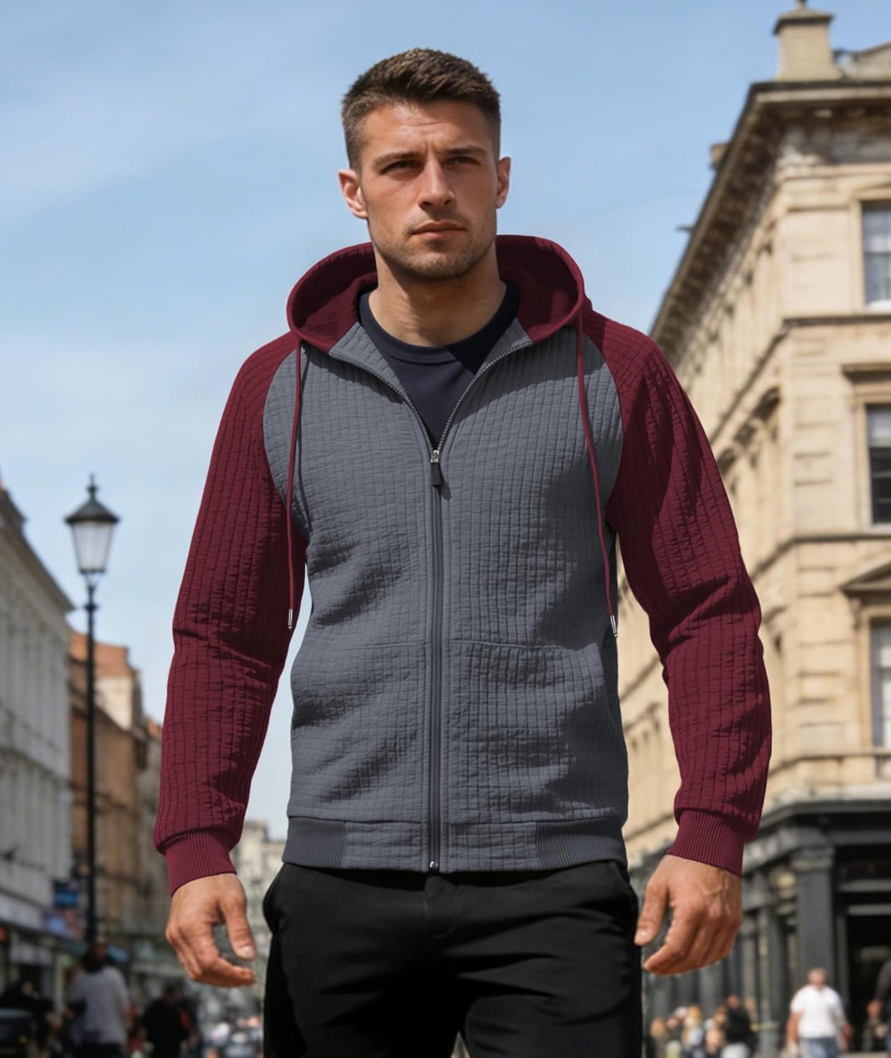 Men's Waffle Knit Hoodie Full Zip Up Hood Lightweight Long Sleeve Drawstring Casual Warm Sweatshirt Jacket with Pockets - Image 2