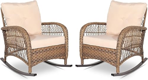 Miniatura 23 de VIVIJASON Mecedora Loveseat de Mimbre para Exteriores con Mesa de Café, Juego de Sofá Mecedor de Ratán para 2 Personas con Cojines Gruesos, Mecedora