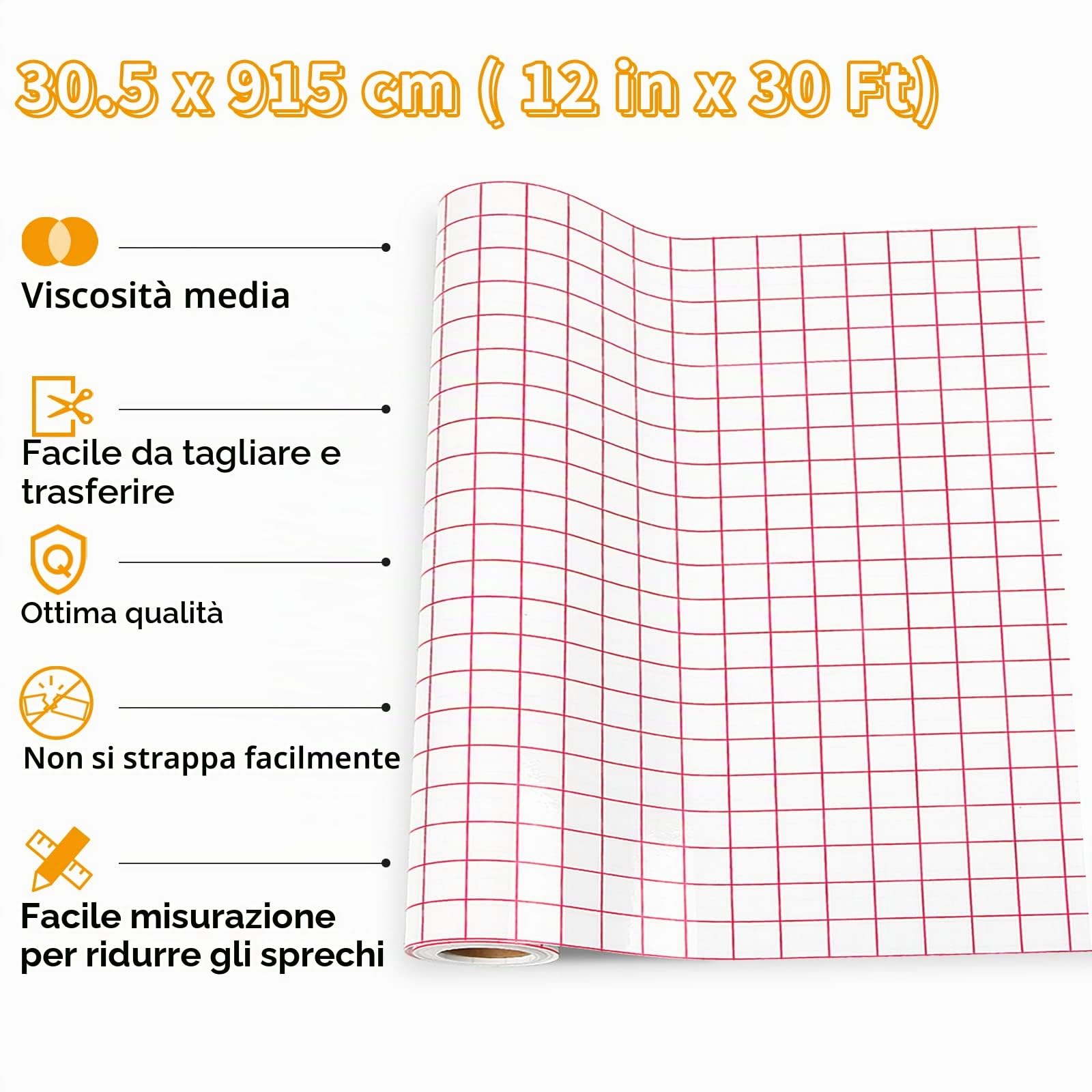 IModeur Pellicola di Trasferimento per Cricut - Rotolo 30,5 x 915 cm Con Griglia Rossa per Vinile, Cartelli, Adesivi