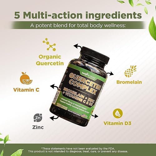 Miniatura 3 de Gade Nutrition Quercetina orgánica con bromelina vitamina C y zinc  Suplemento de apoyo inmunológico Quercetina 500mg Cápsulas  Bioflavonoides