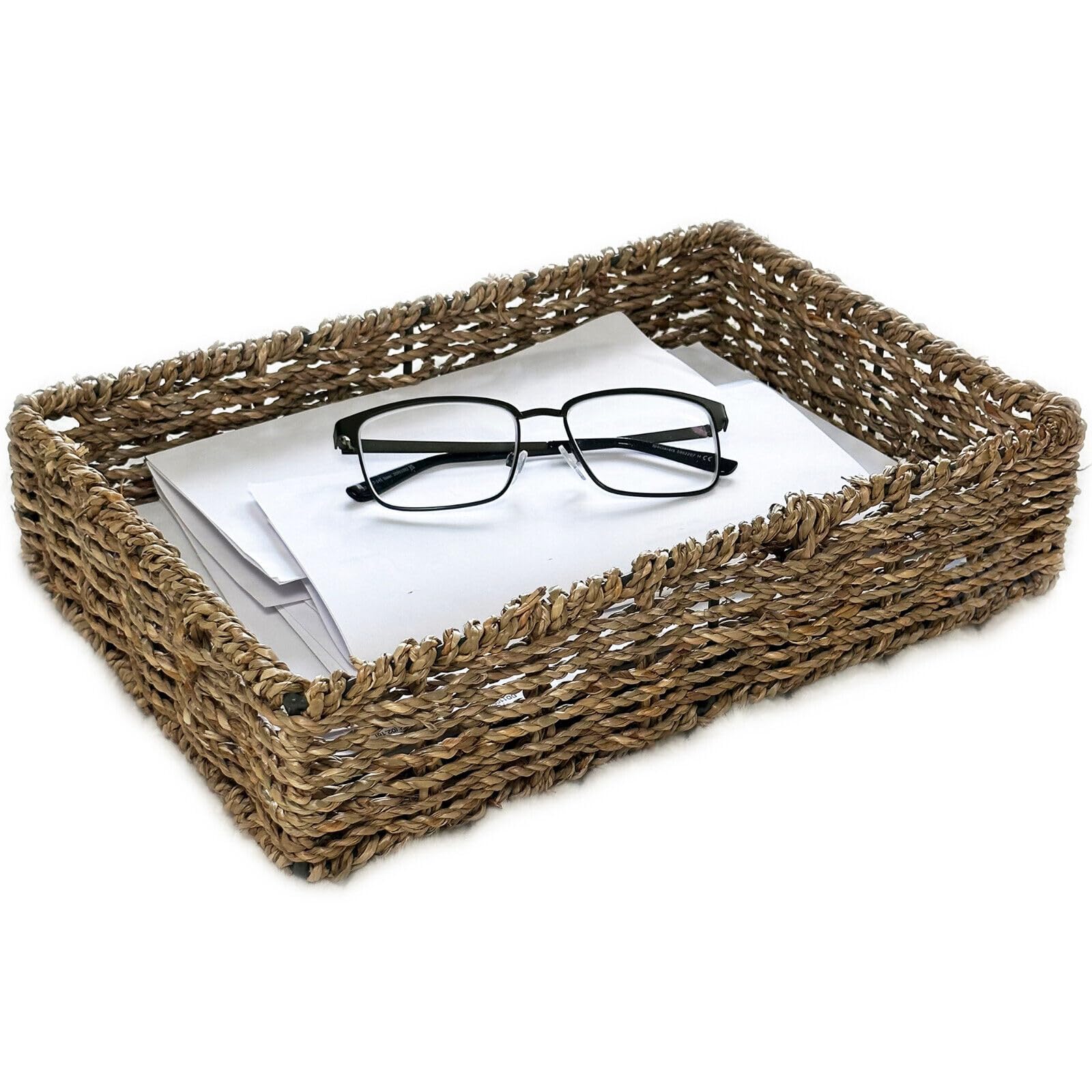 Darthome Brown Seagrass Paper Tray 32Cm Small Rectangular Woven Home Office Storage Basket Organiser