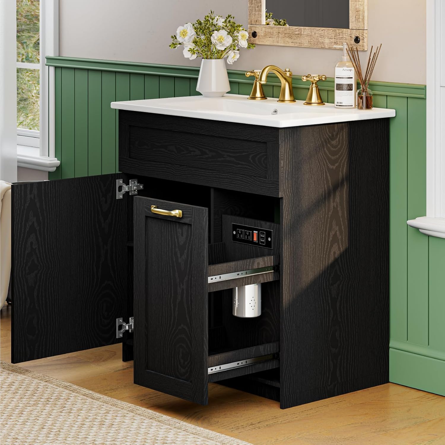 30" Bathroom Vanity with Sink, Solid Wood Frame Bathroom Cabinet, Bath Vanity Set with 2 Power Outlets, 2 USB Port, Switch Button, 2 Drawers & Soft-Close Doors with Organizers, Black