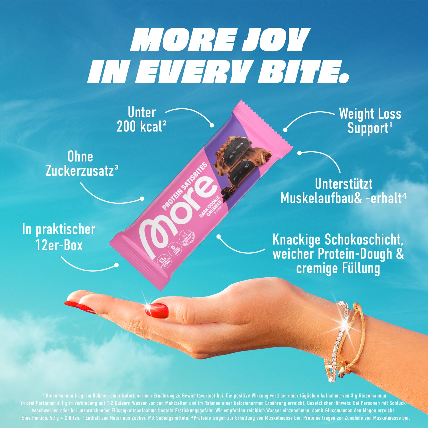 MORE Protein Satisbites, 12er Box Proteinriegel, 12 x 2 x 25 g, Dark Cookie Crumble, bis zu 16 g Protein pro Portion, ohne Zuckerzusatz, made in Germany - 4