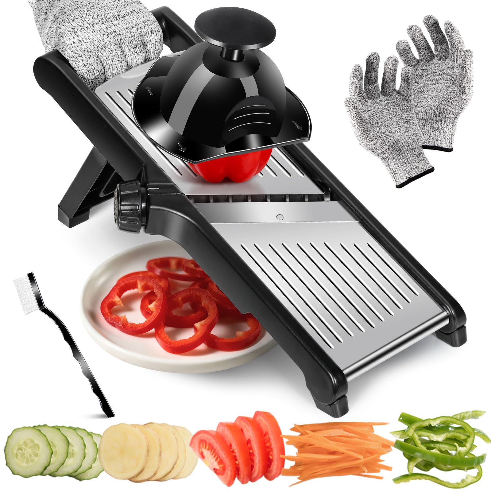 Mandoline Food Slicer, 3 in 1 Stainless Steel Mandoline Vegetable Slicer, Adjustable Mandolin Slicers for Potato, Onion, Cucumber, Vegetable Chopper with Cut Proof Gloves and Cleaning Brush